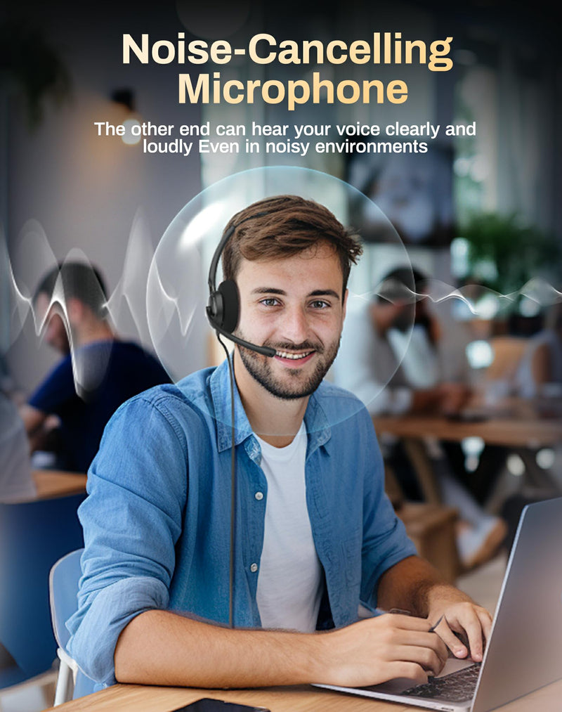 R06S Mono Wired USB Headsets for PC with Noise-Cancelling Microphone, Call Answer Button for MS Teams & IP Phones, Lightweight Design & Memory Foam Cushions for All-Day Comfort (Black) Black