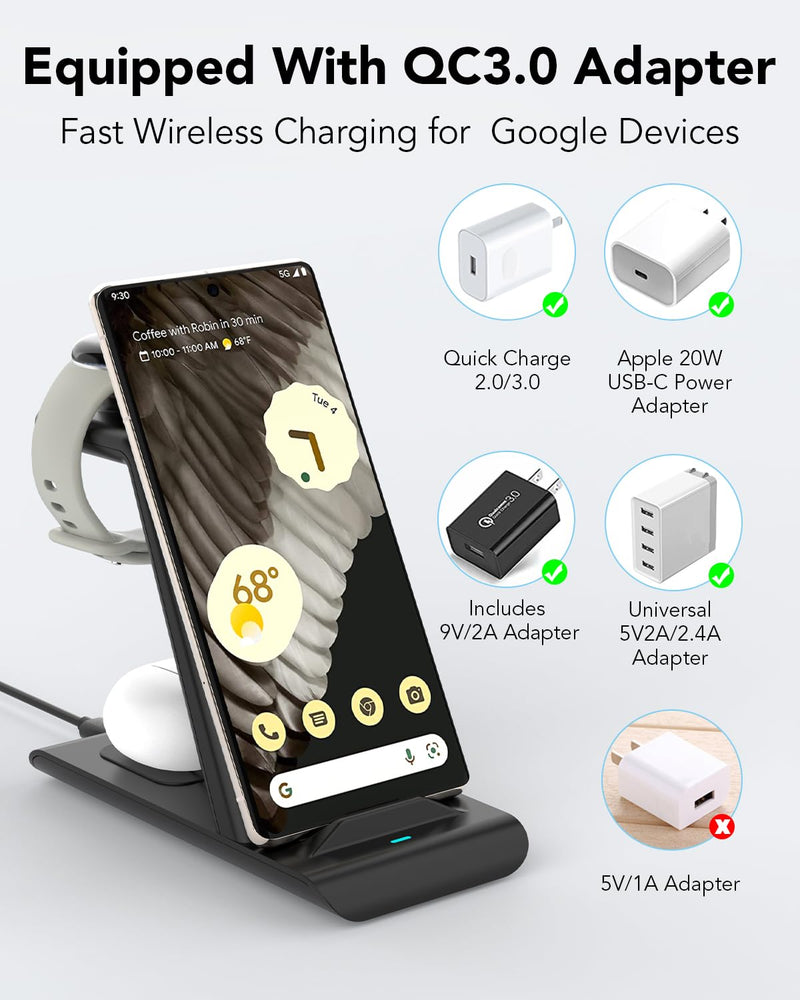 Upgraded 3 in 1 Wireless Charger Compatible with Google Pixel Watch 3/2, Pixel 9 Pro XL/9/Fold/8/7/7A/6 Pro, Pixel Buds Pro/2, Wireless Charging Station for Multiple Devices (Not for Pixel Watch 1)