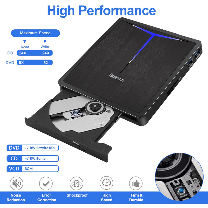 Guamar External CD/DVD Drive for Laptop, USB 3.0 USB-C DVD Player CD Burner with 2 USB Ports SD TF Slot, Portable CD DVD ROM Drive Disk Reader Writer for PC Mac MacBook Windows 11 Linux Light Black