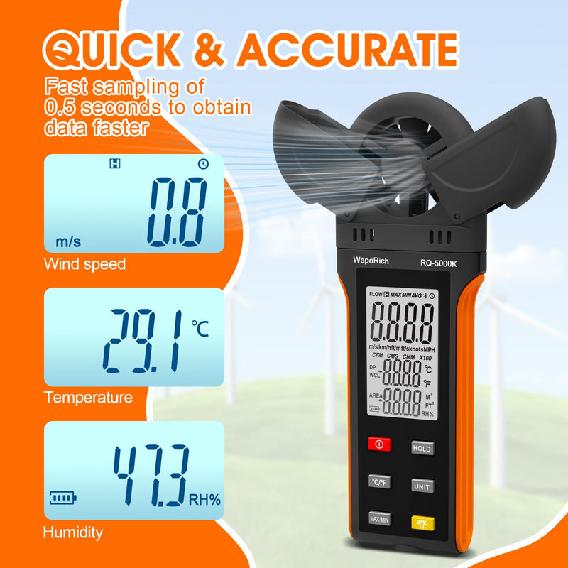 Anemometer Anemometer, WapoRich Digital Anemometer Handheld Wind Speed Meter Gauge Measures Humidity/Temperature/Wind Speed with MAX/MIN/AVG for HVAC, Sailing, Surfing, Drone RQ-5000K