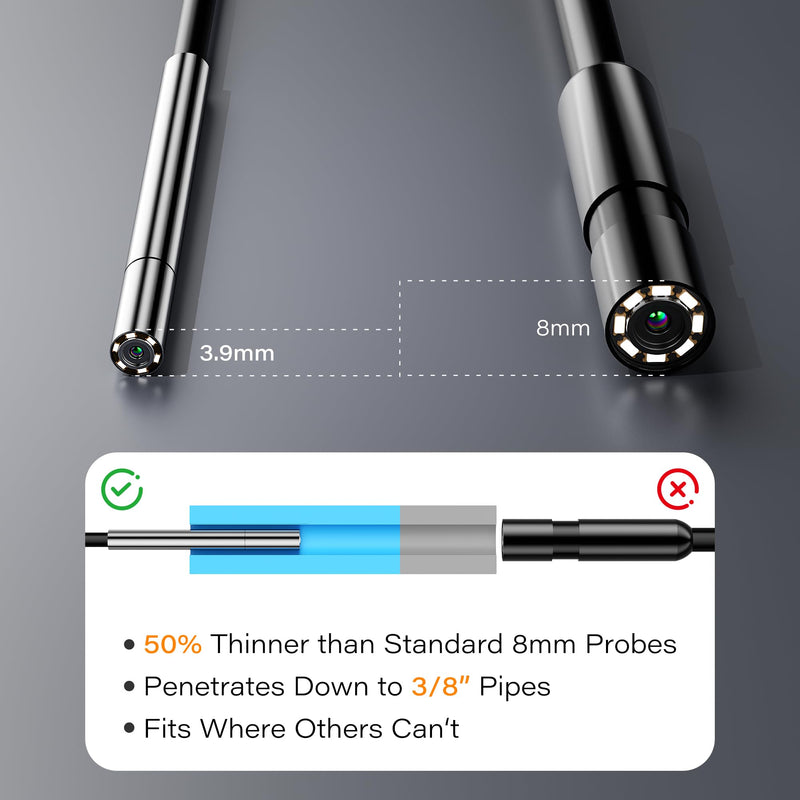 Endoscope with Light, 3.9mm Ultra-Thin Probe, 4.3" IPS Screen 1080P HD IP67 Waterproof Borescope Inspection Camera, USB Interchangeable 16.5ft Semi-Rigid Cable, 3.3ft Drain Clog Remover Included Yellow