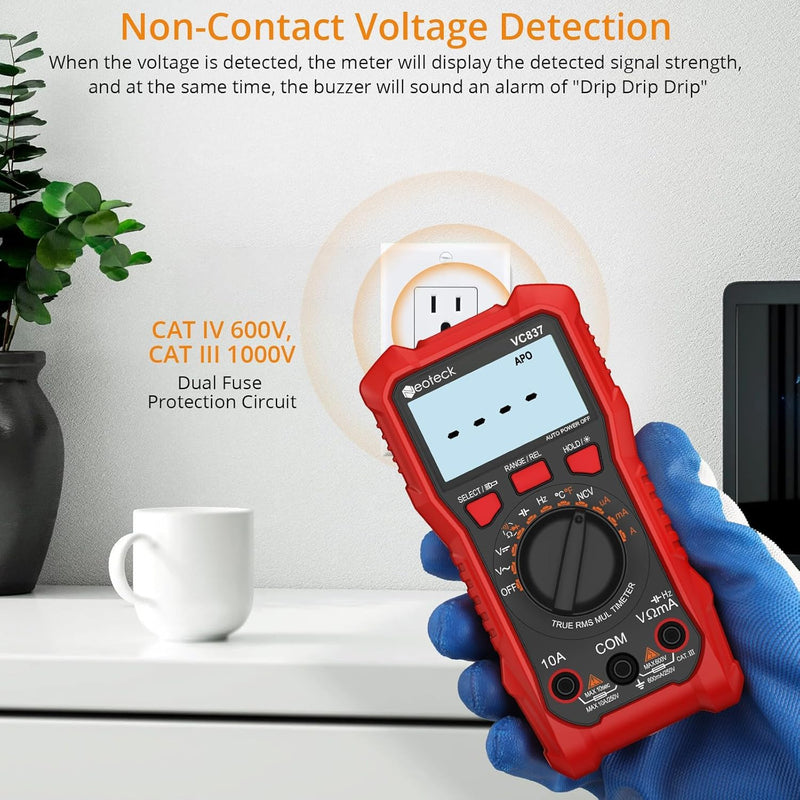 Neoteck 6000 Counts True RMS Digital Multimeter,Auto Range Multimeter with NCV,AC/DC Voltage Current Resistance Capacitance Frequency Temperature Duty Cycle Voltmeter for Home Automotive Electrician Red 6000Counts(AC/DC 600V)