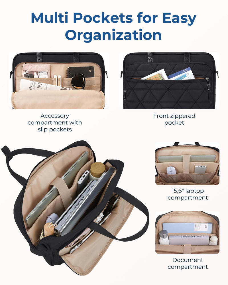 BAGSMART Laptop Bag for Women/Men, 15.6 Inch Briefcase, Stylish Leather Computer Messenger Bag for Office Business, Black 1-black Medium
