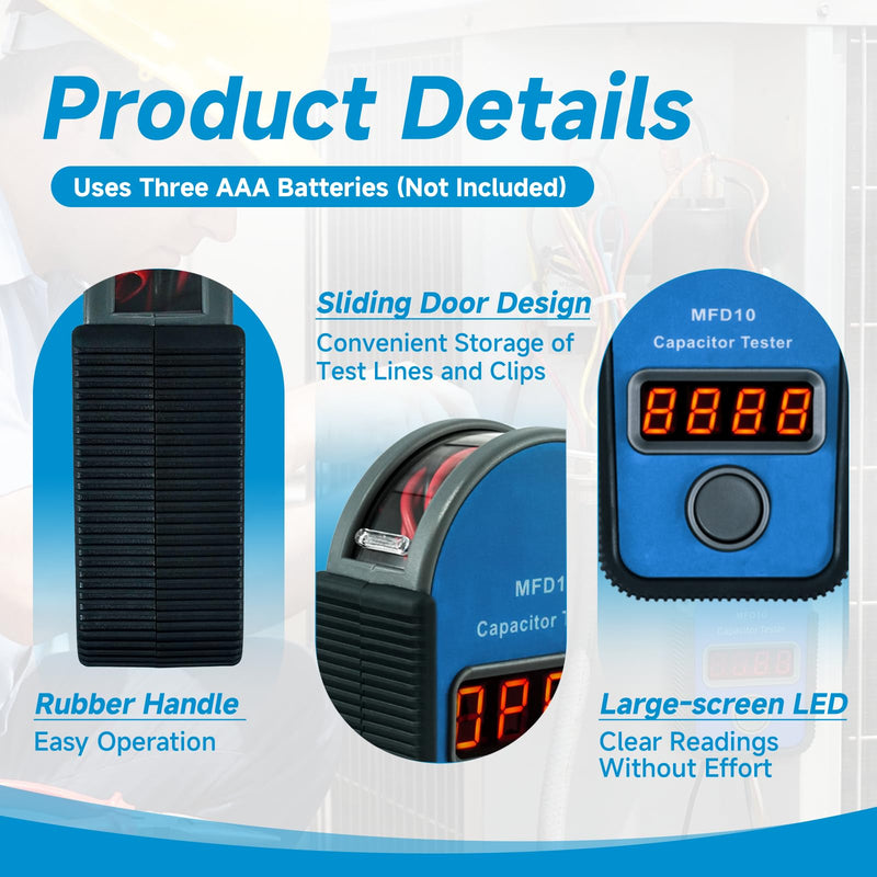 MFD10 Digital Capacitor Tester, 0.001-9999 μF Range, 5% Accuracy | LED Display, Portable for HVAC Home Appliance&Electronic Repair, Includes Magnetic Wires, Alligator Clips & Soft Tool Kit