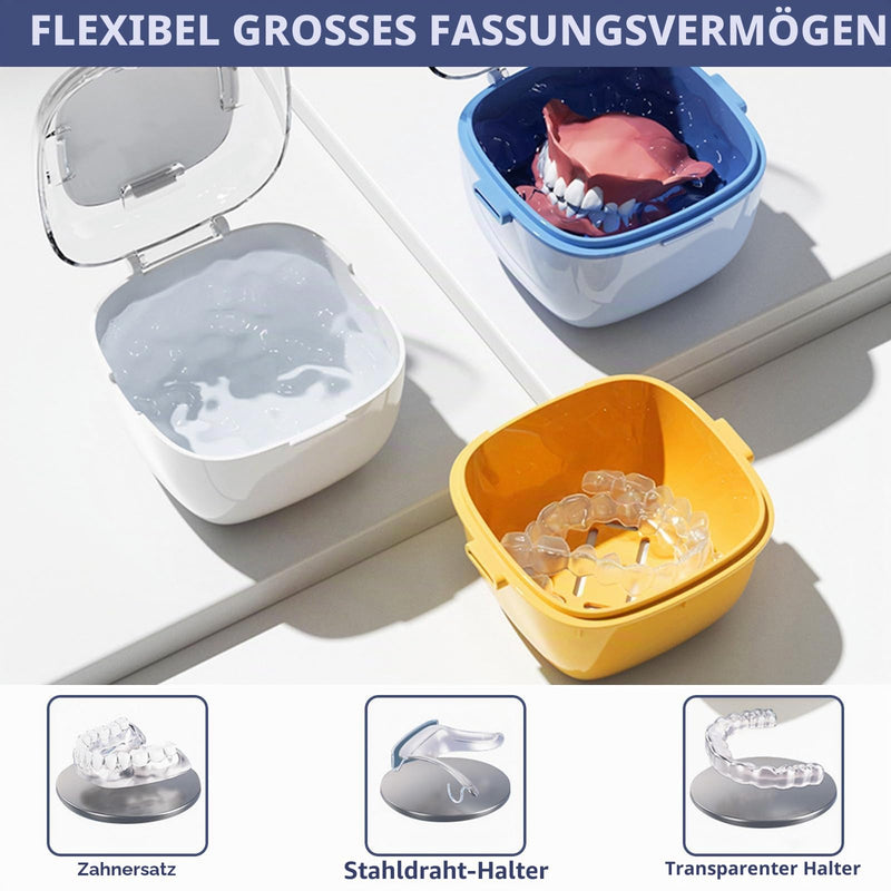 Storage Box for Braces, Dental Splint, Prosthesis & Teeth | Braces Box with Mirror, Brush & Rinsing Basket | Tooth Box for On the Go | Single Piece | Grey (Light Blue)