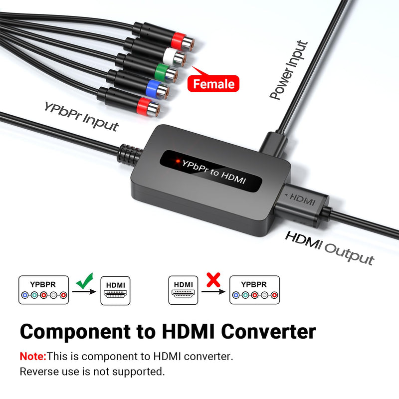 1080P Female Component to HDMI Converter, YPbPr to HDMI Converter for Connecting Old Game Consoles with Male Component to HDTVs