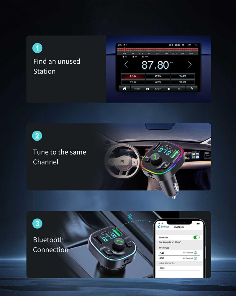 Bluetooth 5.3 FM Transmitter Car Adapter - FM Transmitter Bluetooth with Fast Charger [PD 30W & QC3.0 18W]，Hi-Fi Audio & Clear Calls, 7 Colors LED Backlit