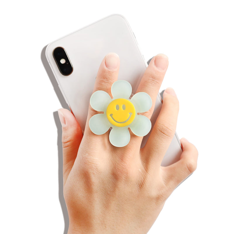 Cheerful Smiley Flower Phone Grip - Bright, Expandable, Collapsible - Comfortable Touch, Secure Grip (White) White
