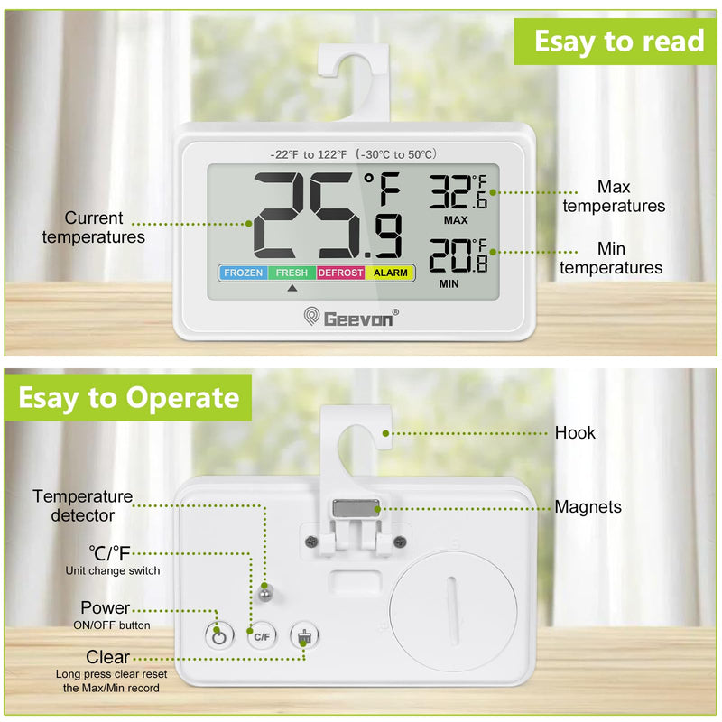 Geevon Digital Refrigerator Thermometer 4 Pack, IP65 Waterproof Fridge and Freeze Thermometer with Magnetic Back Large LCD，Max/Min Record Function for Home,Commercial White-4Pack