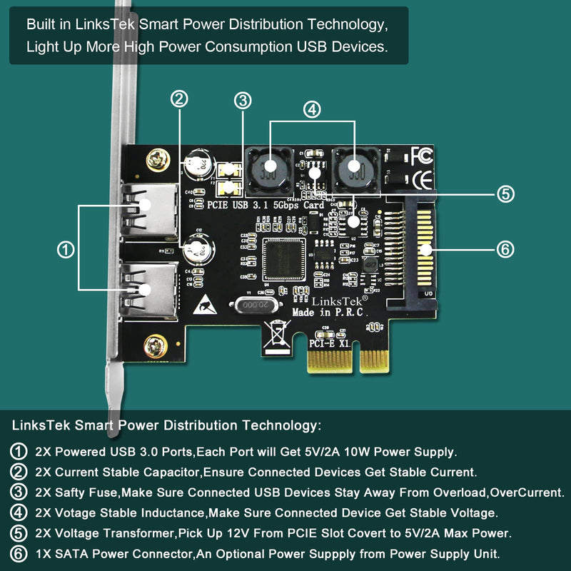 2-Ports PCIE USB 3.0 (USB 3.1 GEN1) 5Gbps Expansion Card for Desktop PCs, 2X 5Gbps USB-A Ports, Built in Smart Power Distribution Technology, No Need Extra Power Supply (PCIE-U302A) PCIE-U302A