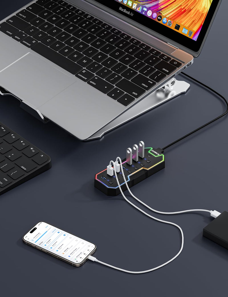 ZIUMIER USB 3.0 Hub,7 Ports USB Expander with RGB LED Strip for MacBook, Mac Pro, Mac mini, iMac, Surface Pro, XPS, PC, Flash Drive, Mobile HDD