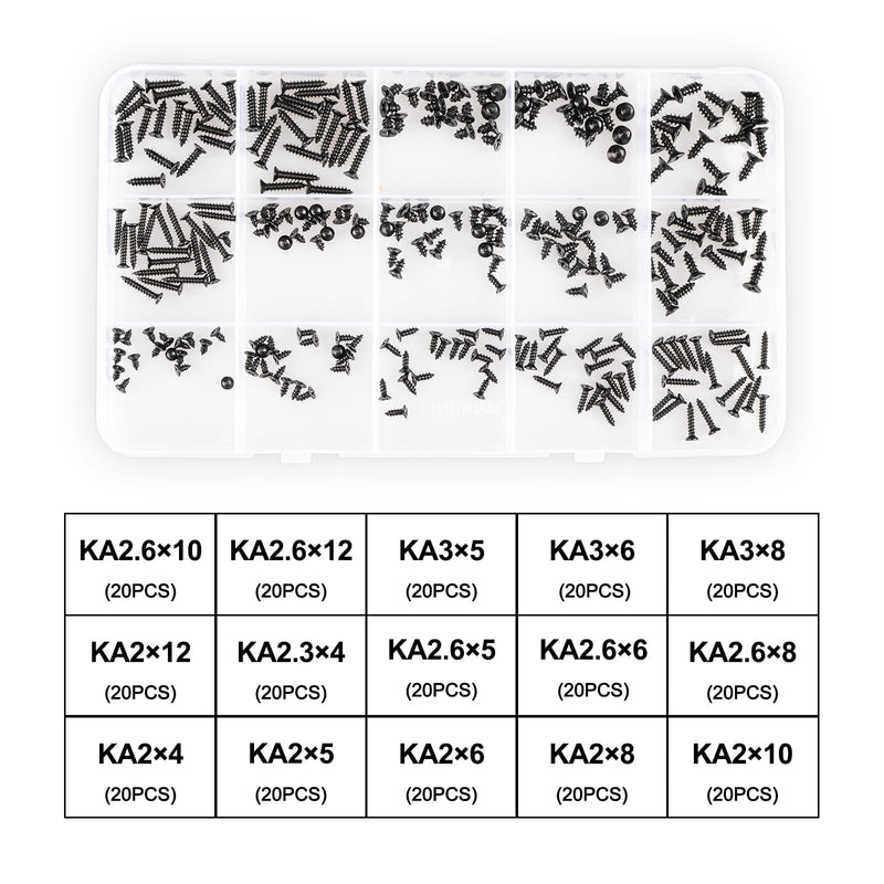 QTEATAK 300Pcs Black Laptop Notebook Computer Screw Replacement Kit Countersunk Self-Tapping Screws KA2 KA2.6 KA3