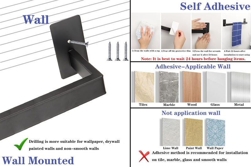 Bathroom Towel Bar Self Adhesive, No Drilling Towel Rack Easy to Install, Hand Towel Holder Made of Premium Stainless Steel Sticky on Hand Towel Hanger for Kitchen, Toilet.(24IN, Black) 24 IN
