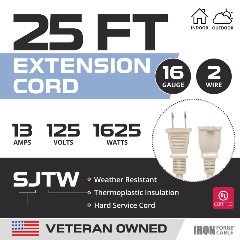Iron Forge Cable 2 Prong Extension Cord 25 ft - 16 Gauge 13 Amp Heavy Duty Outdoor 2 Prong Power Cord - SJTW - Great for Landscaping, Deck, Outdoor Lights - Tan 25 Foot