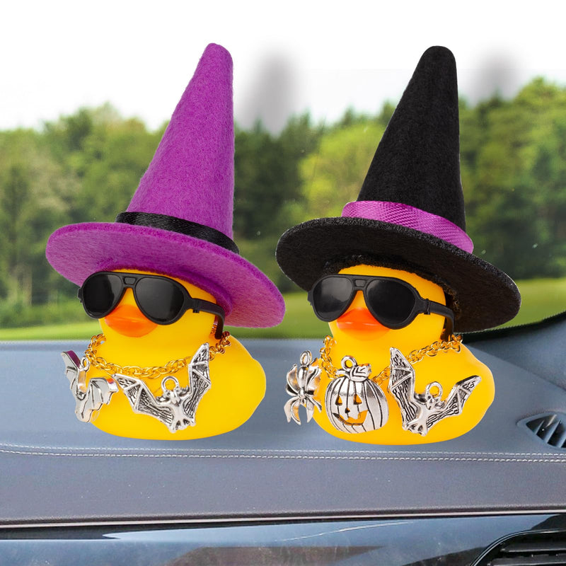 Rubber Duck Car Ornaments Yellow Duck Car Dashboard Decorations with Mini Witch Hat Sunglasses Necklace and Cute Accessories for Party Gifts(H2) H2-Black&Purple Ribbon-Accessories