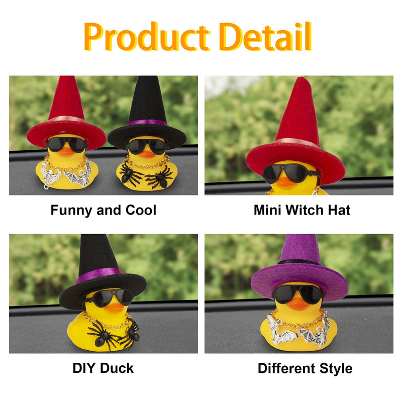 Rubber Duck Car Ornaments Yellow Duck Car Dashboard Decorations with Mini Witch Hat Sunglasses Necklace and Cute Accessories for Party Gifts(H2) H2-Black&Purple Ribbon-Accessories
