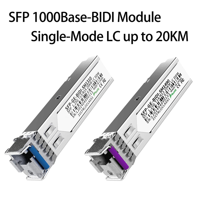 1.25G BiDi SFP Fiber Transceiver Module Pair, 1000BASE-BX-D, Single-Mode Simplex LC, Tx/Rx 1490nm/1310nm, DDM, SMF, Compatible with Cisco, Ubiquiti/Unifi, Mikrotik, TP-Link, HPE and More, up to 20km 2PCS SFP BIDI 1310nm/1490nm Module