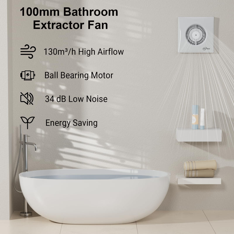 4 Inch Bathroom Exhaust Fan, 130m³/h Quiet Ventilation Extractor with Check Valve, Wall/Window Mount Bathroom Exhaust Fan for Kitchen, Garage, Office, Shop, 12W, 34 dB, White Non-insertion