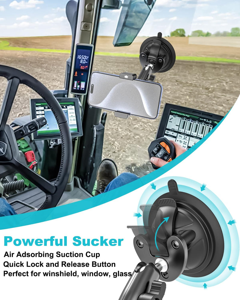 Tractor Phone Mount, [Metal Arm & Clip] Super Suction Cup Cell Phone Holder for Tractor Cab, Windshield Phone Stand for Heavy Duty Equipment, Excavator, Fits iPhone 16 15 14, Galaxy, 4-7" Phone