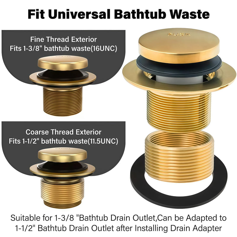 Tub Drain Tip-Toe Trim Set with Two-Hole Overflow Faceplate,Bath Tub Drains Conversion Kit with Universal Fine/Coarse Thread,Brushed Gold Replacement Bathtub Drain Stopper Assembly