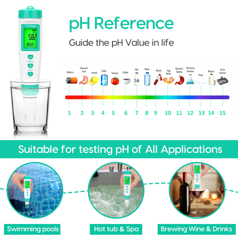 YINMIK Digital pH Meter with Extra Replaceable Probe, Pocket pH Tester for Hydroponics, Accurate Water Tester for Swimming Pool Hot Tub Aquariums Home Wine Brewing White