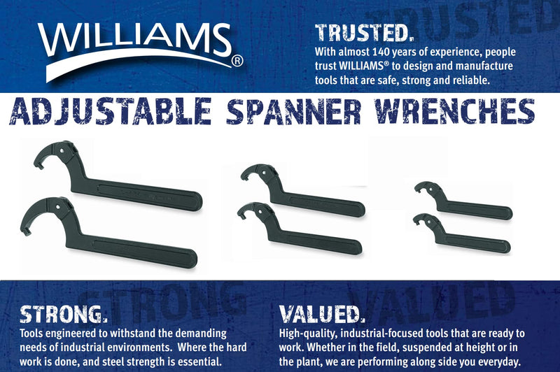 Williams JHW474 Adjustable Hook Spanner Wrench with Span Diameter of 2 to 4-3/4-Inch, Ideal for Adjusting Collars, Lock Nut Rings, and Bearings Span Diameter: 2 to 4 3/4 Inch