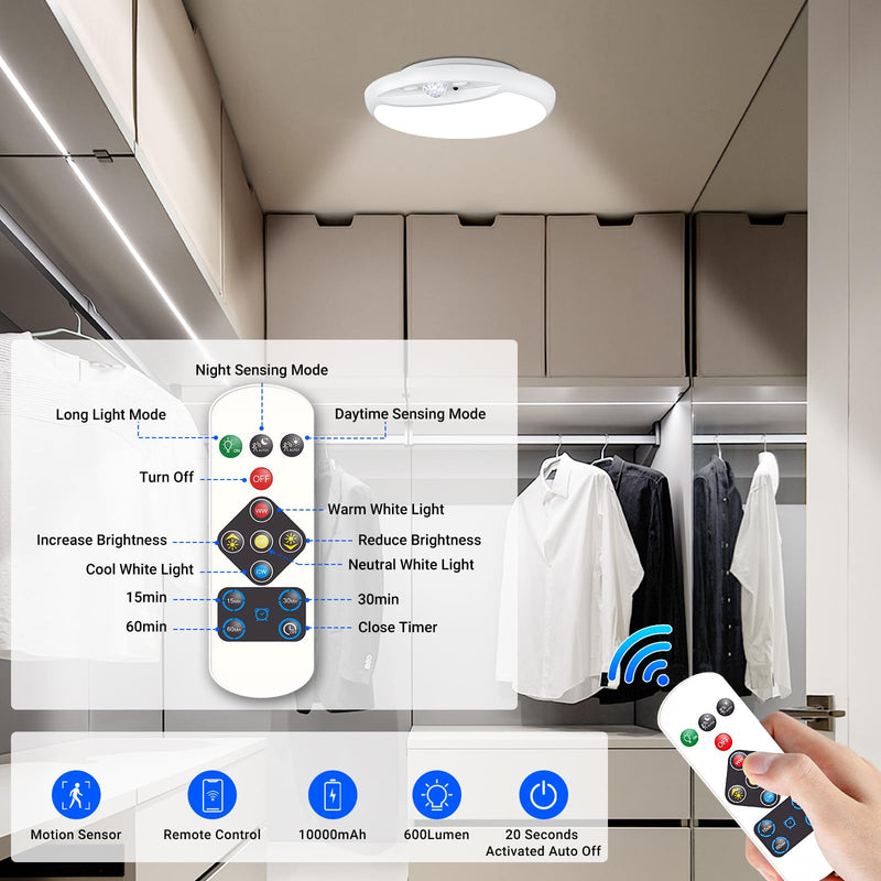 Rechargeable Motion Sensor Light with Remote,7.5inch 600LM 10000mAh Battery Powered Ceiling Light Motion Sensor Battery Operated Lights indoor,Battery Pir Light for Loft Garage Hallway Bathroom-2Pack 2 PACK