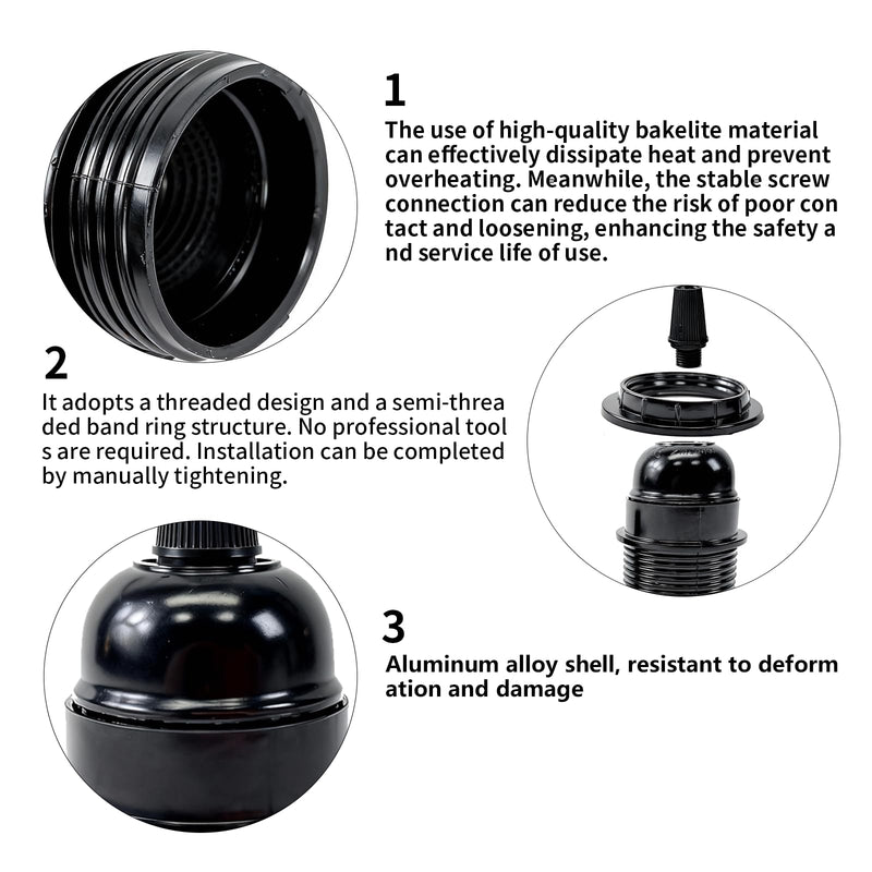 Pack of 12 E27 Vintage Socket, E27 Lamp Holder, Retro Bulb Holder, Vintage Solid Lamp Holder, Bulbhead Light Converter for Table Lamp, Floor Lamp, Pendant Lights, Ceiling Light (Black)