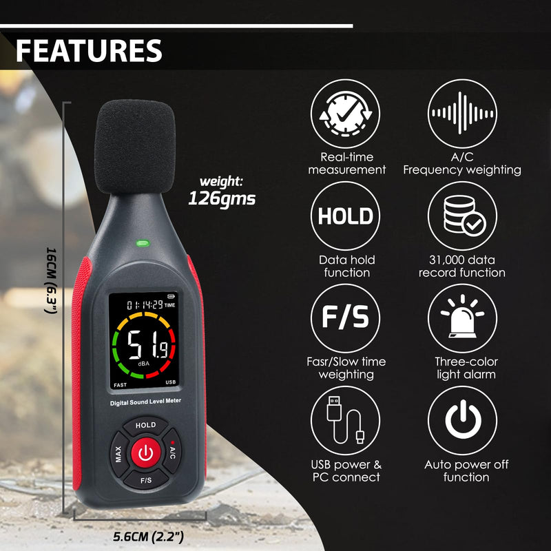 Decibel Meter, Data Logger, Portable Sound Decibel Meter, Sound Level Meter with 31,000 Data Recording and Export, Rechargeable Noise Meter with A/C Frequency, DC Output, 3