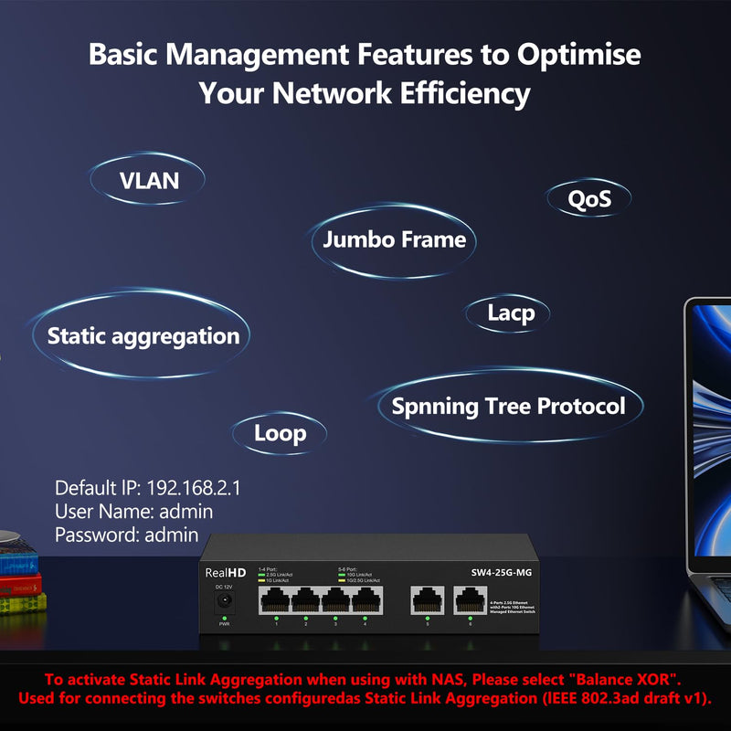 6-Port 10Gb Web Managed Ethernet Network Switch | 2 x 10Gb RJ-45 Ports | 4 x 2.5Gb Base-T Ports | Multi Gigabit Switch 10-100-1000Mbps | 60G Bandwidth | Fanless Metal Internet Switch 2 x 10Gb RJ45 | 5 x 2.5Gb Base-T Managed