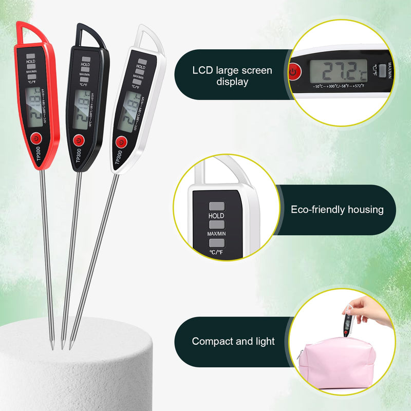 6 Set Waterproof Food Thermometer for Water, Liquid, Candle and Cooking Digital Meat Thermometer with Long Probe Instant Read for Kitchen BBQ Grill Candy (Black,White,Red) 6 Black, White, Red