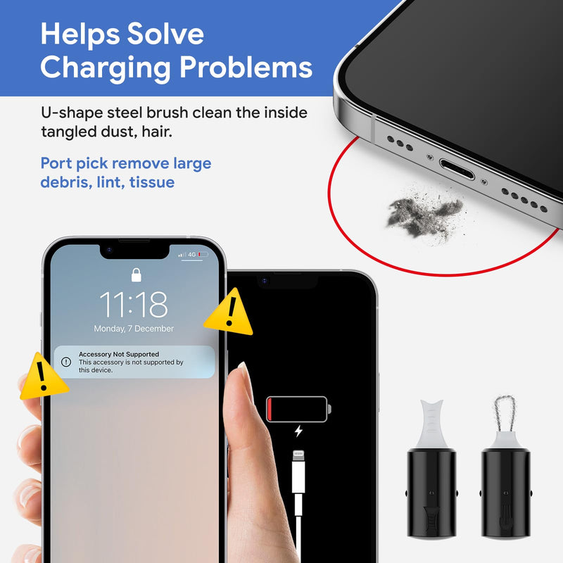 iPhone Cleaning Kit iPhone Cleaner,12 in 1 Port Cleaner Repair & Restore Tool for AirPod iPhone 15 14 13 12 11 Pro Max/X/XS/XR 7 8 Plus iPad Samsung Galaxy Lightning and USB C Charging Port, Cables Black