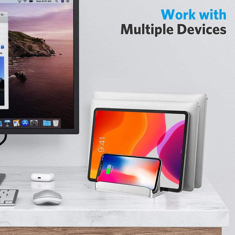 Vertical Laptop Stand [Updated Version],3-Slot Desktop Stand Holder with Adjustable Dock,4 in 1 Design Aluminum Space-Saving Laptop Stand for Desk MacBook/Surface/Samsung/HP/Dell/Chrome Book (Silver)