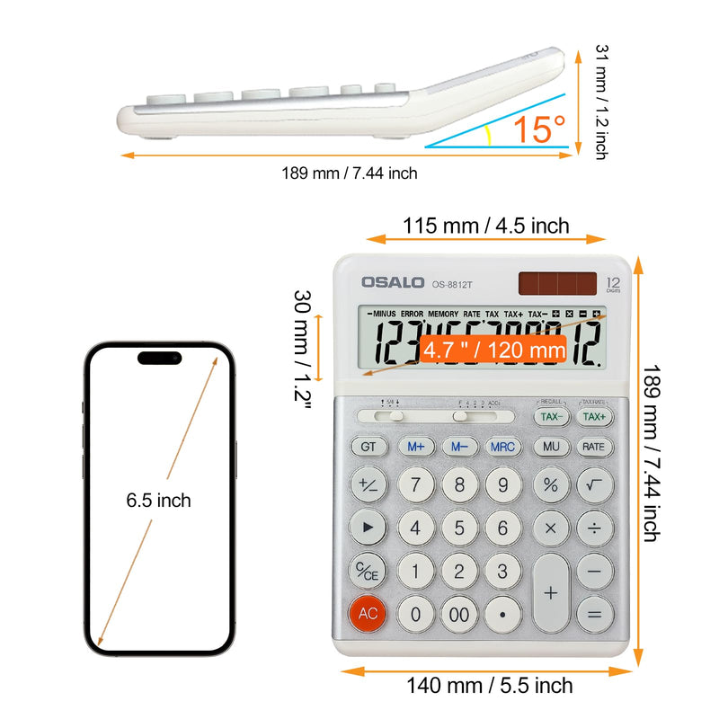 OSALO Desktop Calculator Accounting Big Buttons Extra Large Display VAT Tax Function 12 Digit Solar and Battery