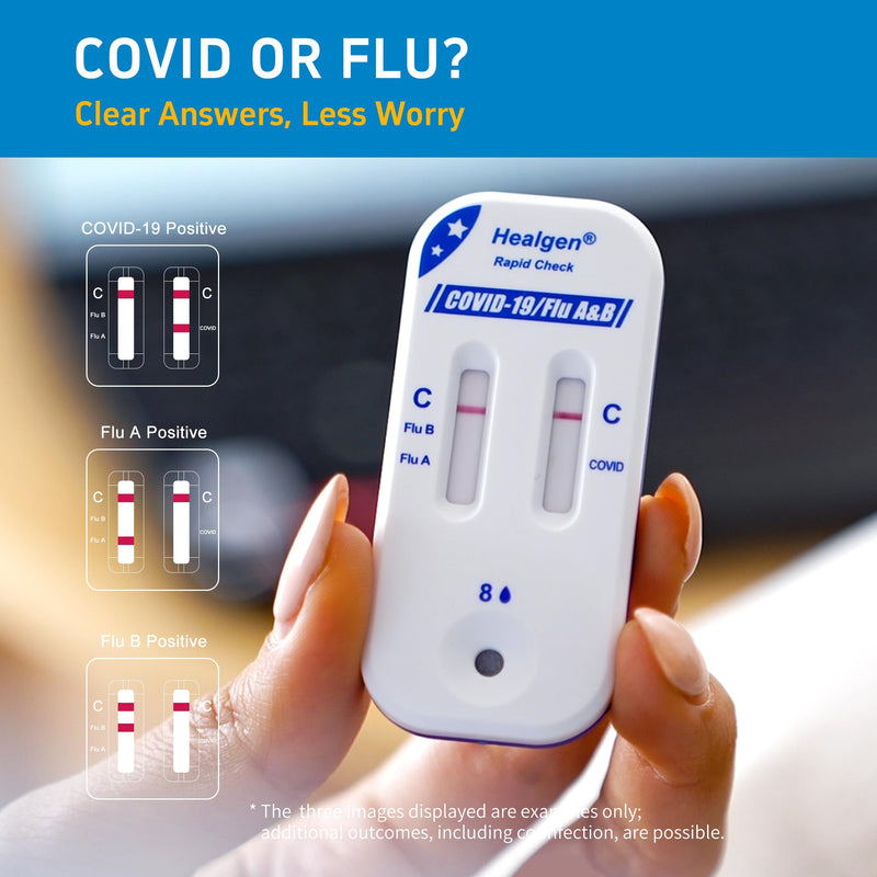 Healgen Rapid Check COVID-19, Flu A&B Antigen Test Kit, The First FDA Authorized OTC 3-in-1 Flu & COVID Home Test, Easy to Read Dual Windows, Results in 15 Mins, 2 Test