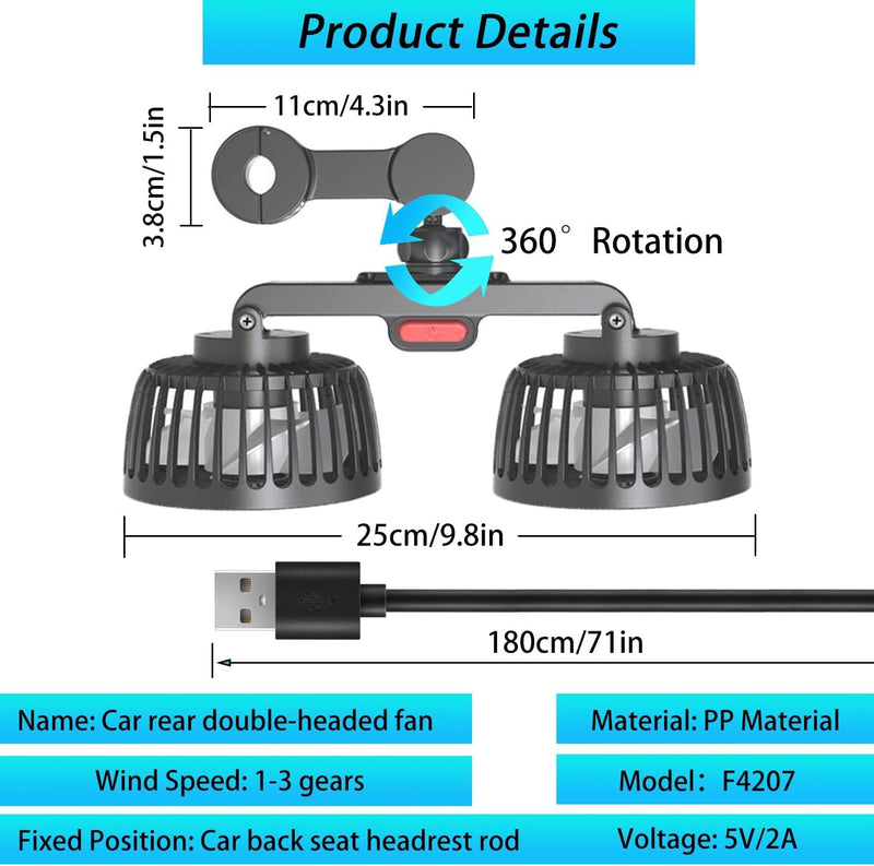 USB Car Fan,Adjustable Dual Head Clip Fan 360° Rotatable Cooling Air Fan for Rear Seat Passenger Portable Car Seat Fan Headrest for Vehicles, SUV, RV, Boat