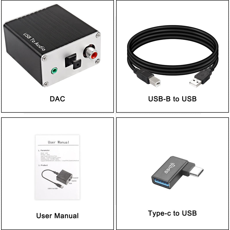 XMSJSIY USB-A/Type-C to Coaxial Optical Toslink SPDIF + 3.5mm AUX Stereo Audio Adapter USB Digital Audio Decoder Converter External Sound Card for PC Laptop Phone Smart TV