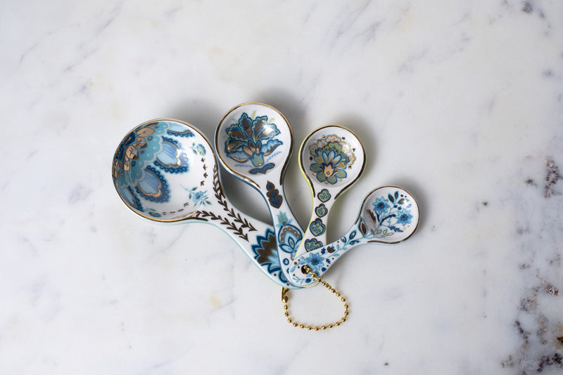 Mary DiSomma’s Ceramic Measuring Spoons (Set of 4) | Unique Signature Floral Print Design for each, Gold Overlay, Teal, Blue, Robin’s Egg Blue, Lime Green, Metallic Gold Chain, Boxed gift set
