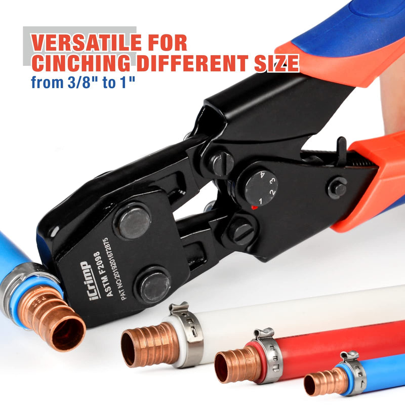 iCrimp PEX Pipe Quick Cinch Tool Set for Stainless Steel Clamp from 3/8-inch to 1-inch with Pex Cutter, 20pcs 1/2-inch and 10pcs 3/4-inch Stainless Steel Clamps included CRP961