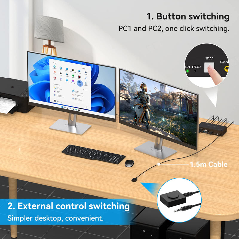 Displayport KVM Switch 2 Monitors 2 Computers 8K 60Hz 4K 120Hz Dual Monitor USB 3.0 KVM Switches for 4 USB Devices, Wired Extension Button,12V DC Adapter and USB3.0 Cables 8K DP Black