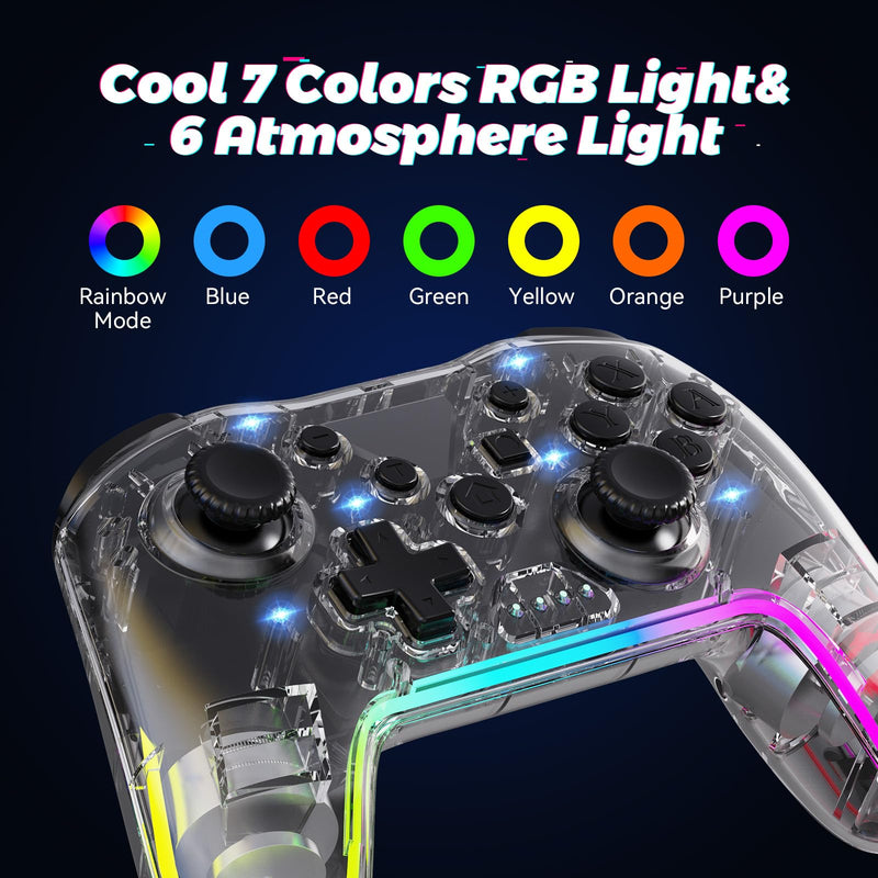 Wireless Switch Pro Controller for Nintendo Switch Controller/Lite/OLED/Windows/iOS/Android, 7 Color Adjustable RGB Lights Switch Remote Gamepad with One Key Wake Up/ Adjustable Turbo Vibration