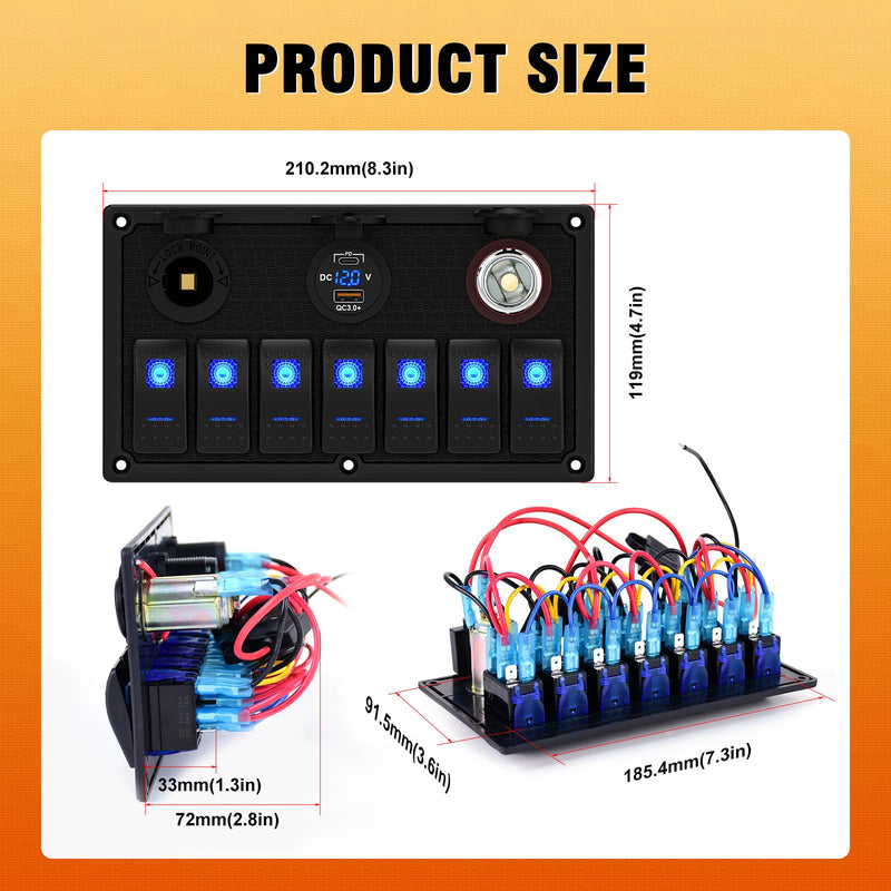 7 Gang Boat Switch Panel Waterproof, Marine Rocker Switch Panel 12-24V with Dual USB Charger and Fuse, Suitable for RV UTV Truck(On/Off Blue LED Plastic-LED blue 7 gang