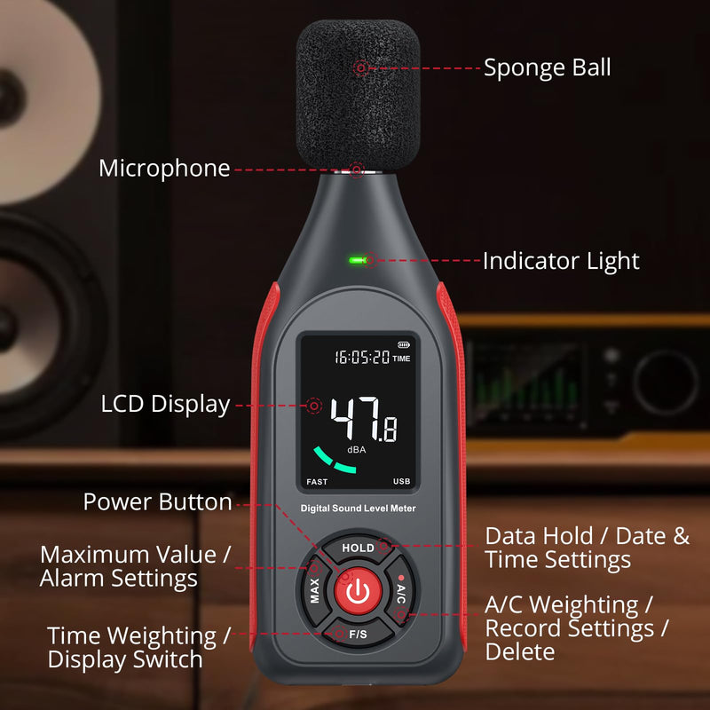 BINTA Decibel Meter Sound Level Meter 30dB to 130dB | With data acquisition and graphic printing, 43,000 data sets, A/C weighted, MAX, 3-colour alarm for DIY shops