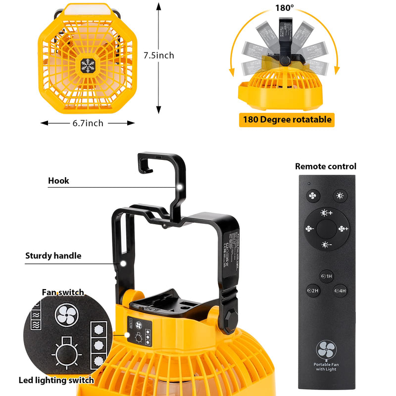 Taingwei Portable Fan with Remote for Dewalt 20v 60v Battery,Battery Operated Fan with 3 Energy Efficient Speed Settings and Dimmable Led Light for Camping,Emergency and Job Site(Tool Only) Camping Fan