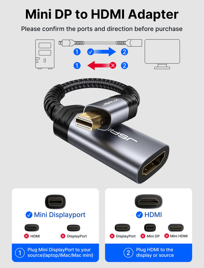 Mini DisplayPort to HDMI Adapter, JSAUX Mini DP (Thunderbolt) to HDMI Adapter Nylon Braided Aluminum Shell Compatible with MacBook Air/Pro, Microsoft Surface Pro/Dock, Monitor, Projector and More-Grey Grey