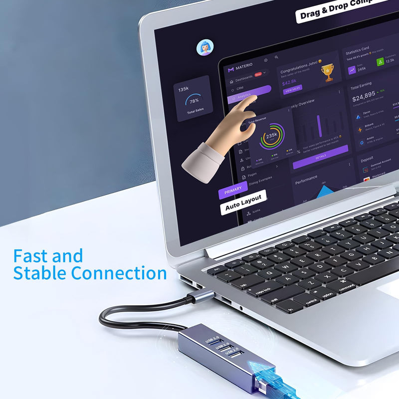 USB to Ethernet Adapter 3-Port USB Hub with RJ45 Ethernet Support Windows, Mac OS, Surface Pro, Linux, Chromebook and More A