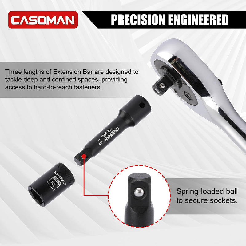 CASOMAN 30PCS 1/4” Drive Magnetic Shallow Impact Socket Set, 6 Point, CR-MO, SAE & Metric, Include Extension Bars, Socket & Hex shank Adapters, Universal Joint
