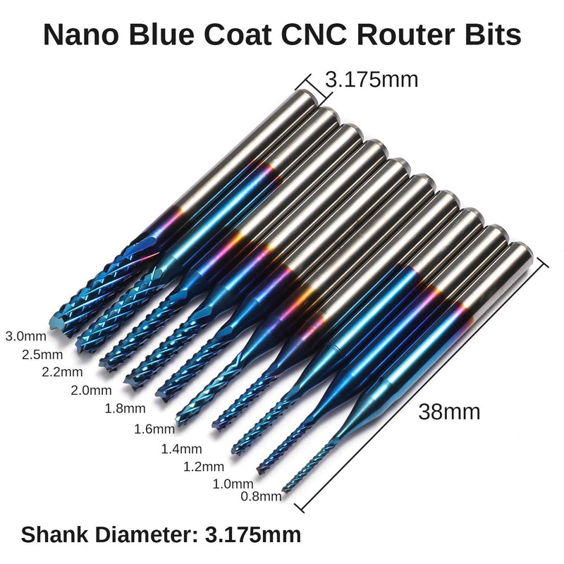Genmitsu end mill set with a total of 40 CNC router bits, 3.175mm (1/8") shank, CNC milling cutter set with 2-groove flat and ball nose milling cutters, Nano Blue coating & titanium coating, MC40A MC40A (40PCS)