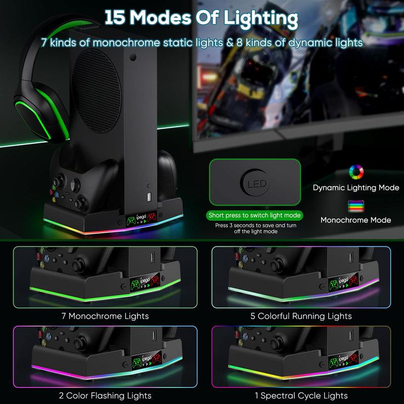 MENEEA Upgraded Cooling Fan Stand for Xbox Series S with Charger Station, Controller Charging Dock & Console Cooler System with 15 Colorful RGB Light & Headset Hook, Accessories for Xbox Series S Black