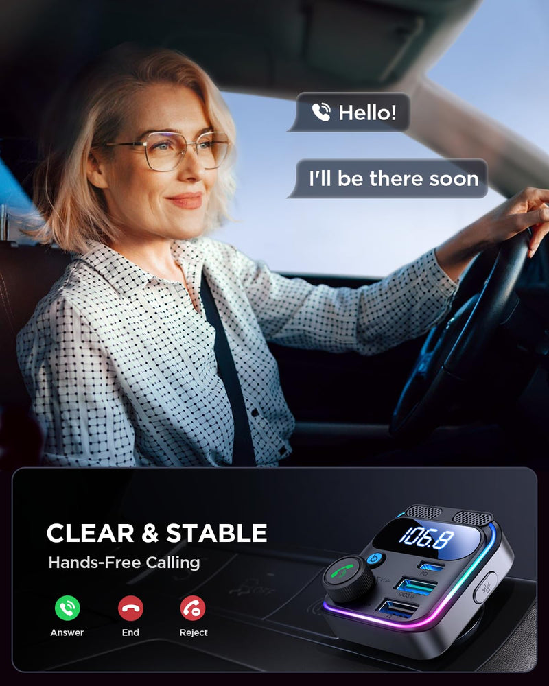 JOYROOM Bluetooth 5.3 FM Transmitter Car Adapter [Stronger Dual Mics & HiFi Deep Bass Sound] 48W PD & QC 3.0 USB C Car Charger Cigarette Lighter Adapter Hands-Free Calling Radio Support USB Drive Black Bluetooth FM Transmitter Car